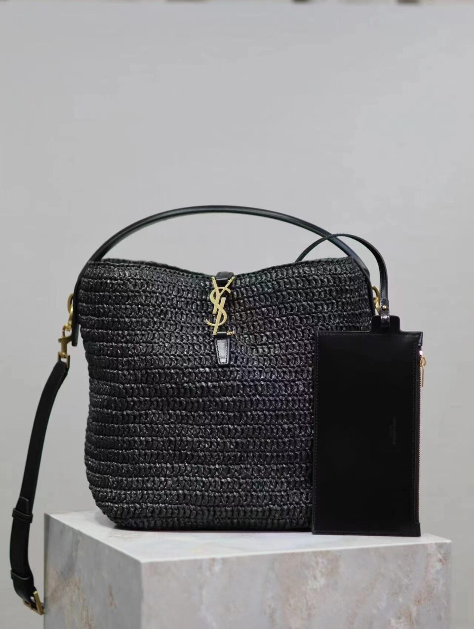 SAINT LAURENT Le 37 leather-trimmed raffia bucket bag