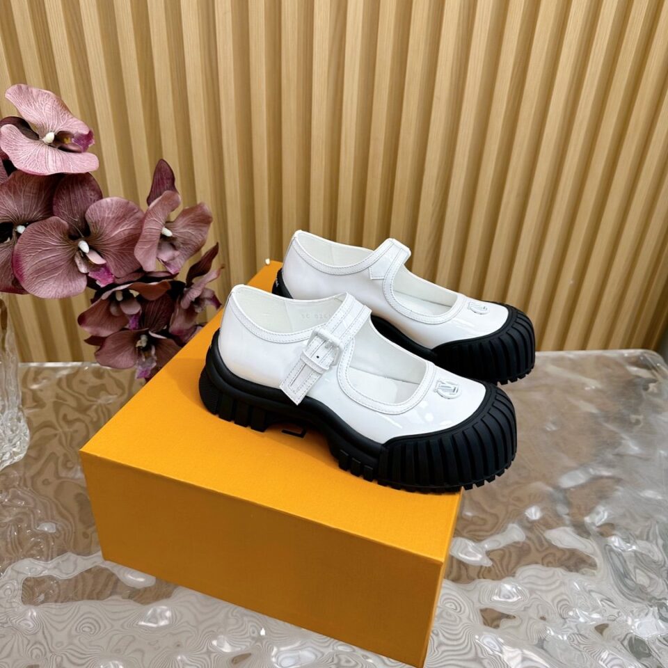 LV Women White Patent Leather Rubber Toe Mary Janes
