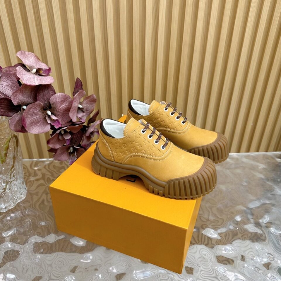 LV Women Mustard Suede Lace-Up Sneakers