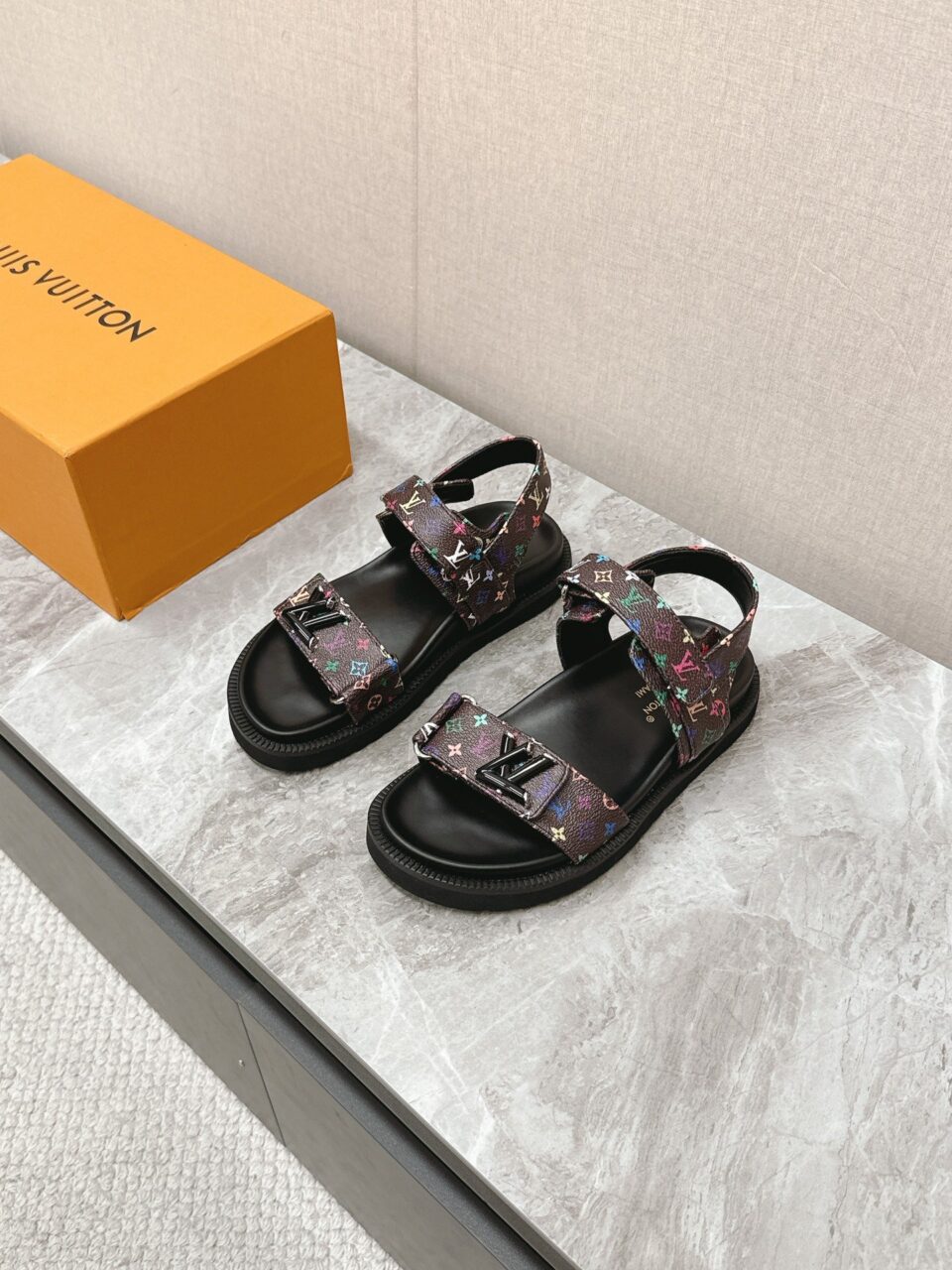 LV Women Multicolor Canvas Strap Black Sandals