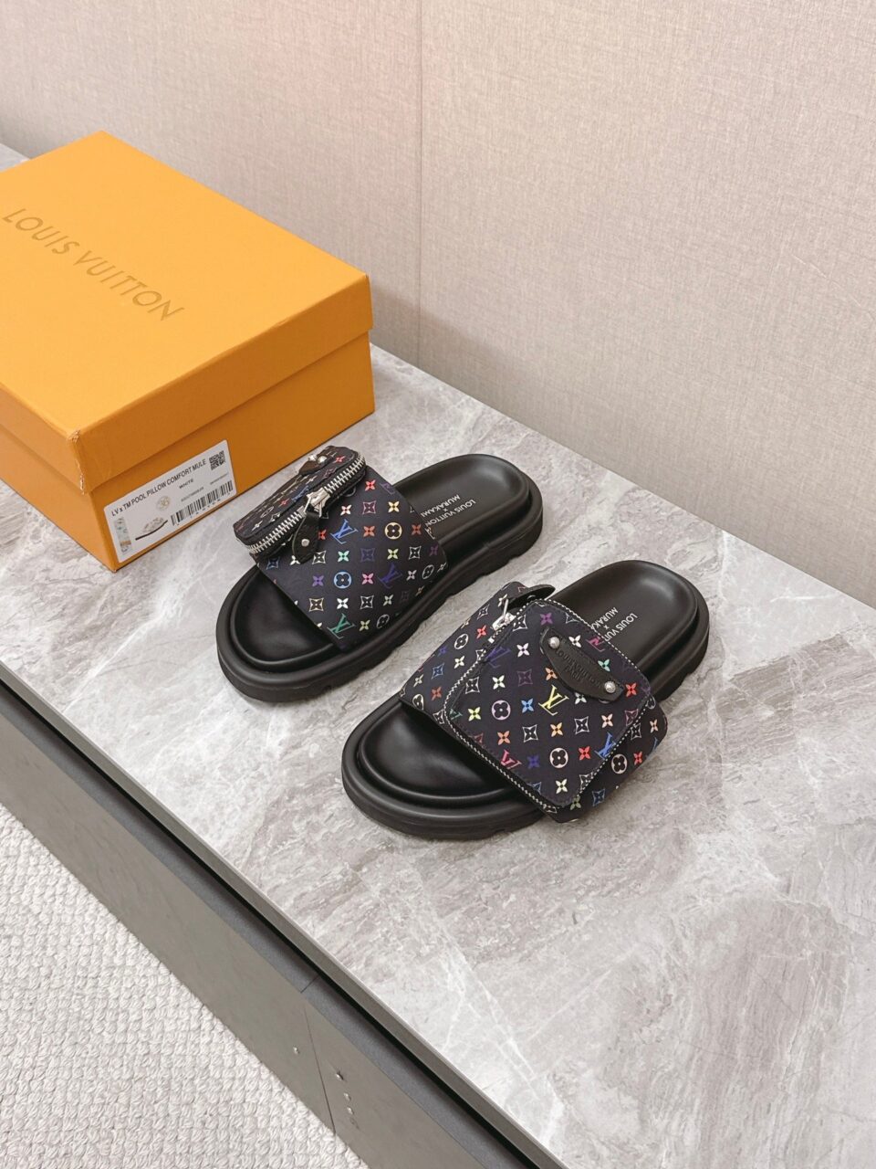 LV Women Black Fabric Adjustable Pocket Mules