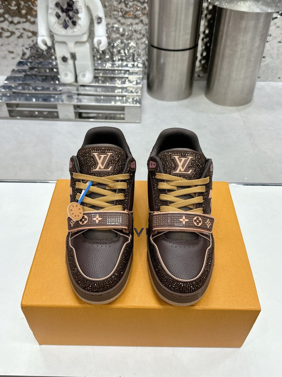 LV Women Brown Leather Sparkle Strap Sneakers