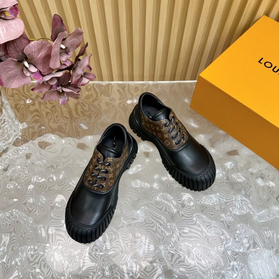LV Women Black Leather Brown Patterned Sneakers