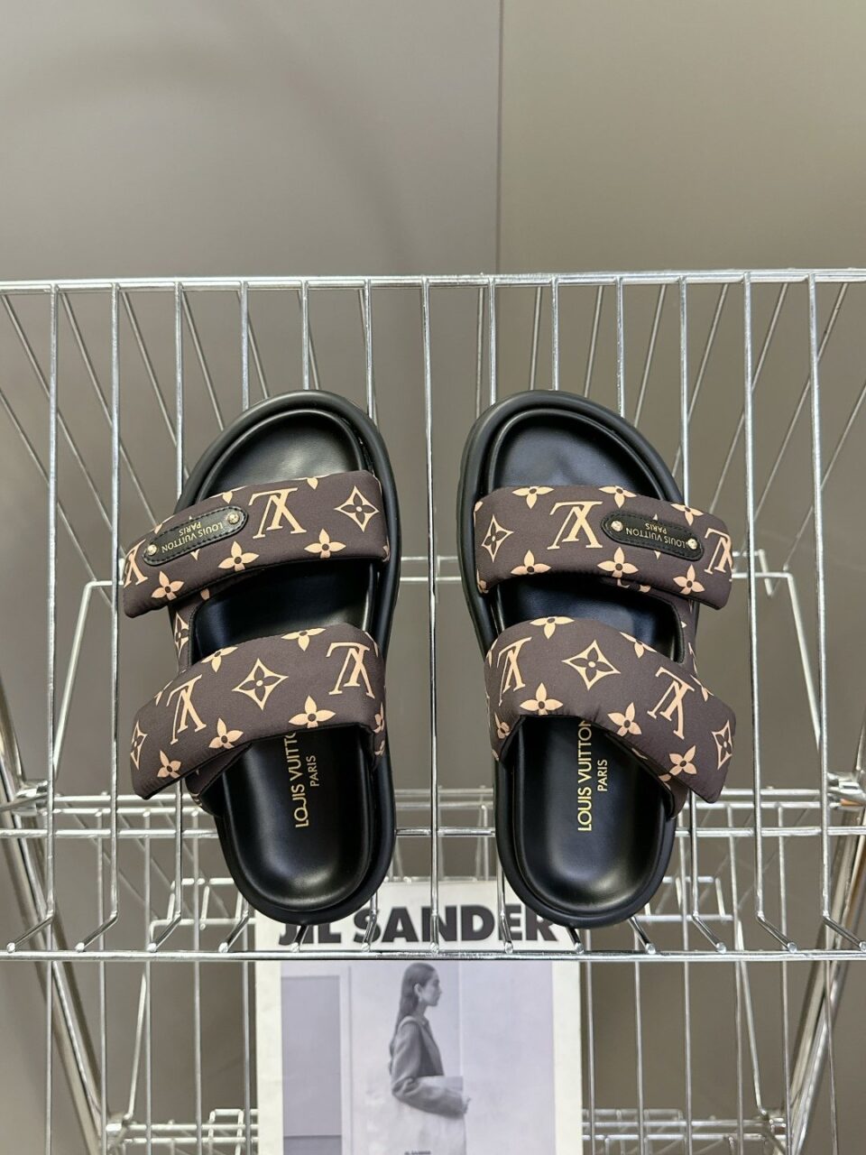 LV Women Black Brown Patterned Fabric Sandals