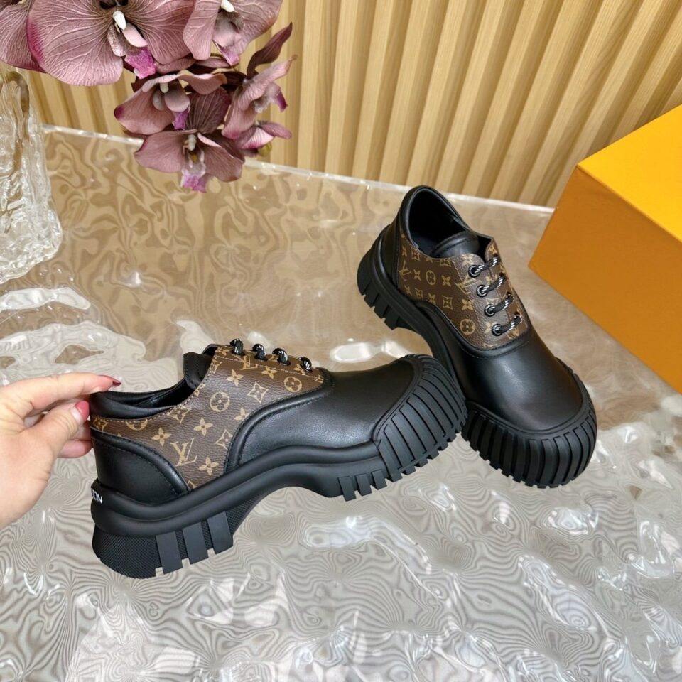 LV Women Black Leather Brown Patterned Sneakers