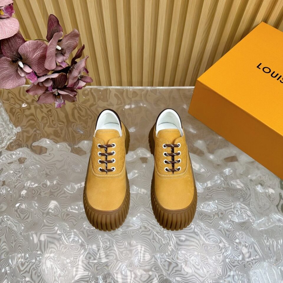 LV Women Mustard Suede Lace-Up Sneakers