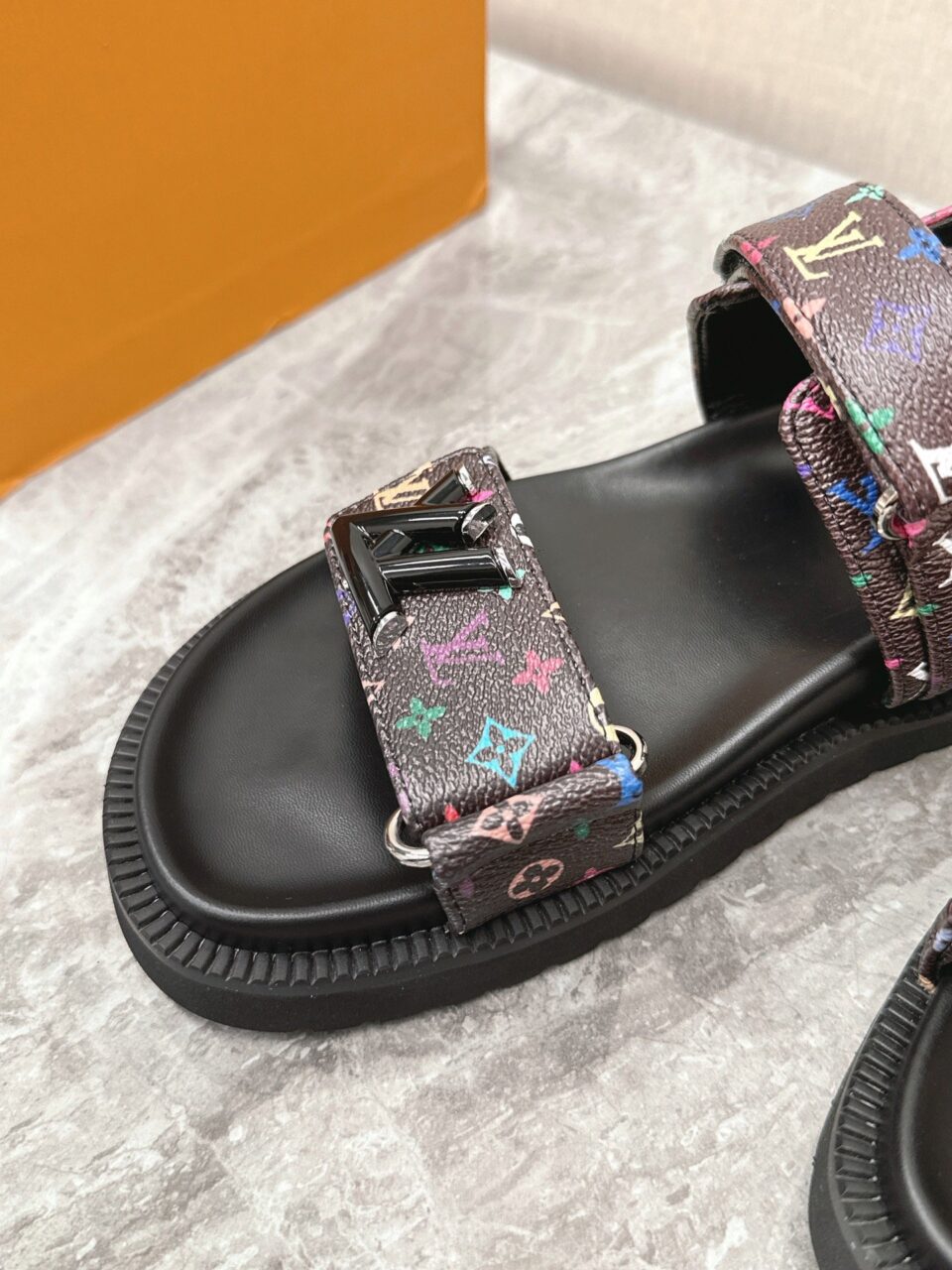 LV Women Multicolor Canvas Strap Black Sandals