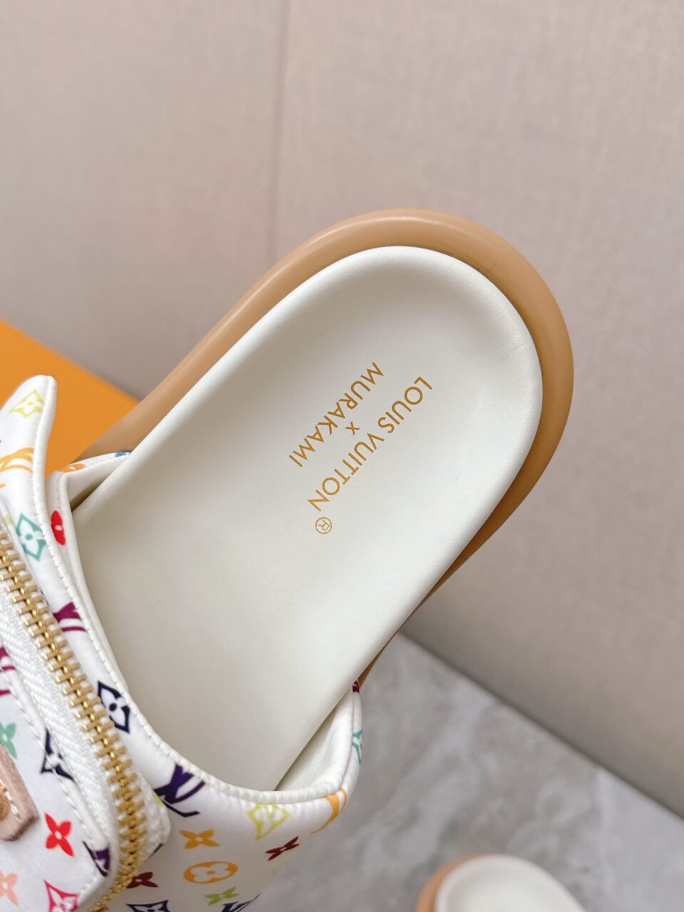 LV Women White Leather Multicolor Logo Mules
