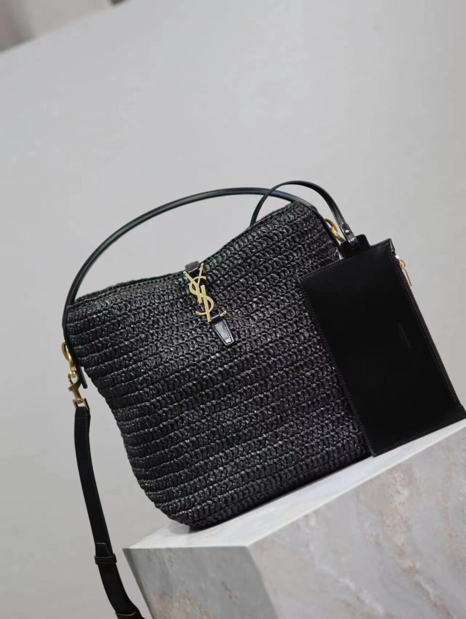 SAINT LAURENT Le 37 leather-trimmed raffia bucket bag