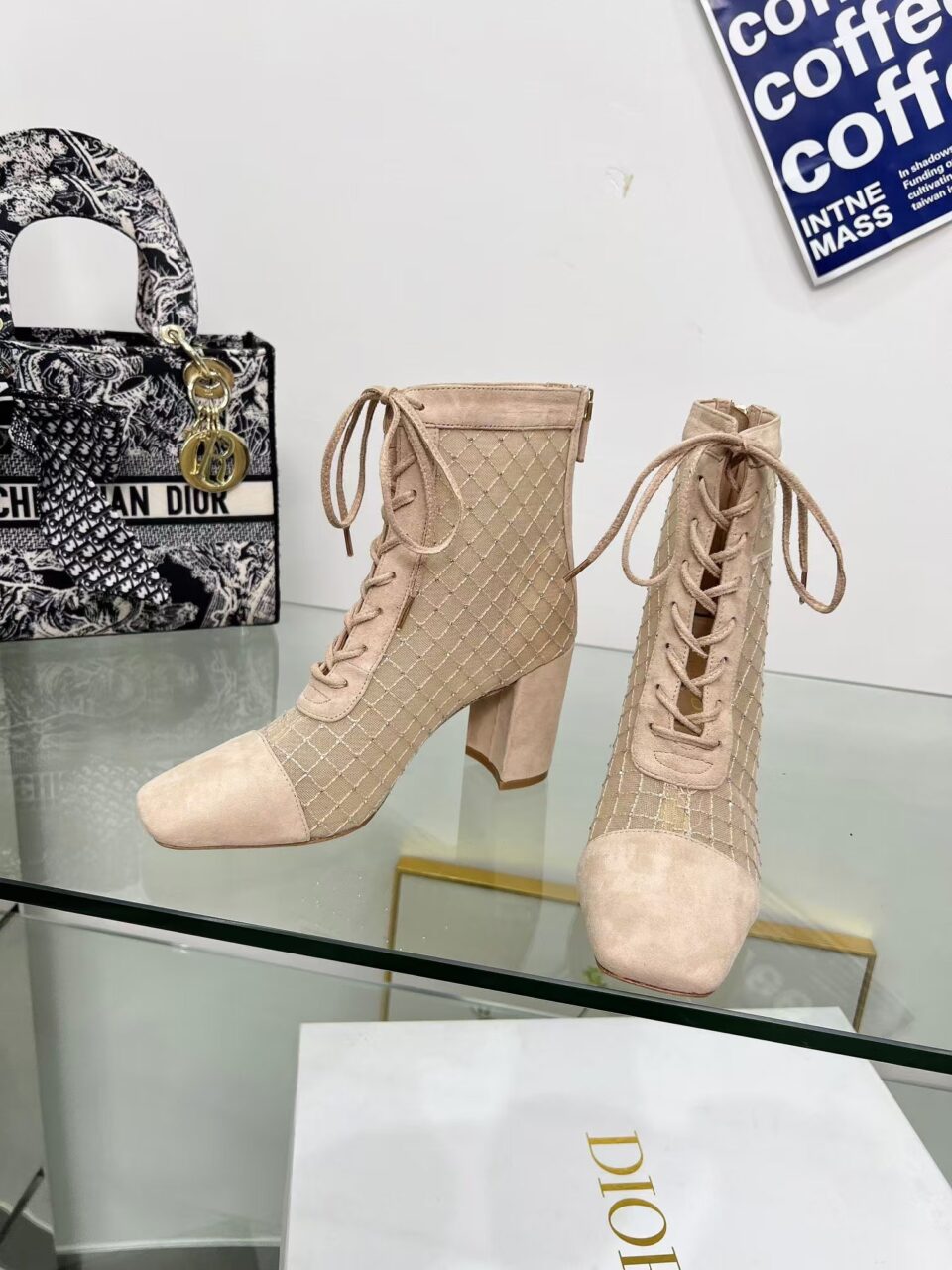 Dior Naughtily-D Heeled Ankle Boot Transparent Mesh Embroidered with Goatskin