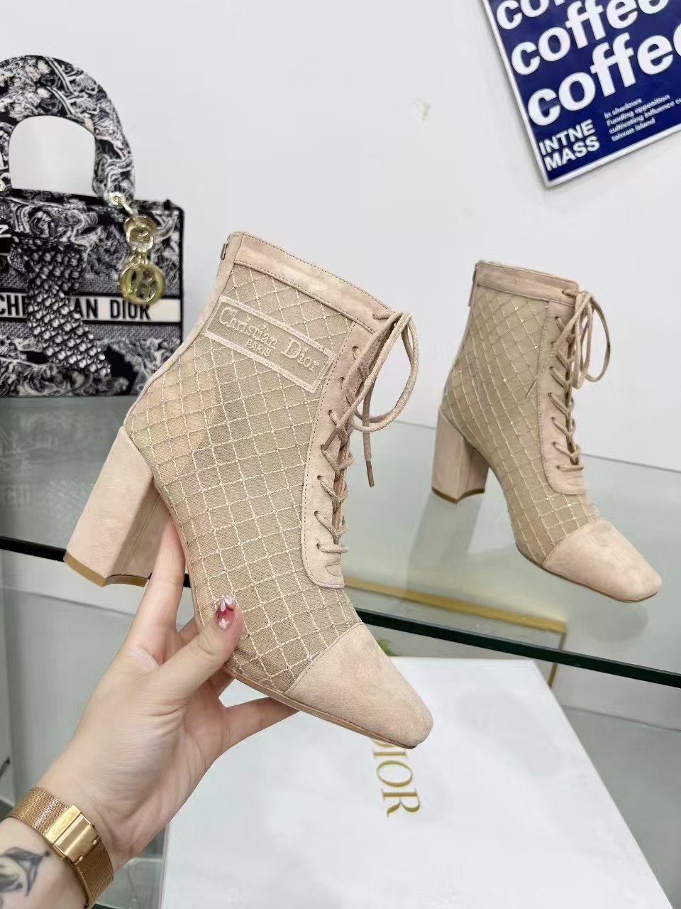Dior Naughtily-D Heeled Ankle Boot Transparent Mesh Embroidered with Goatskin