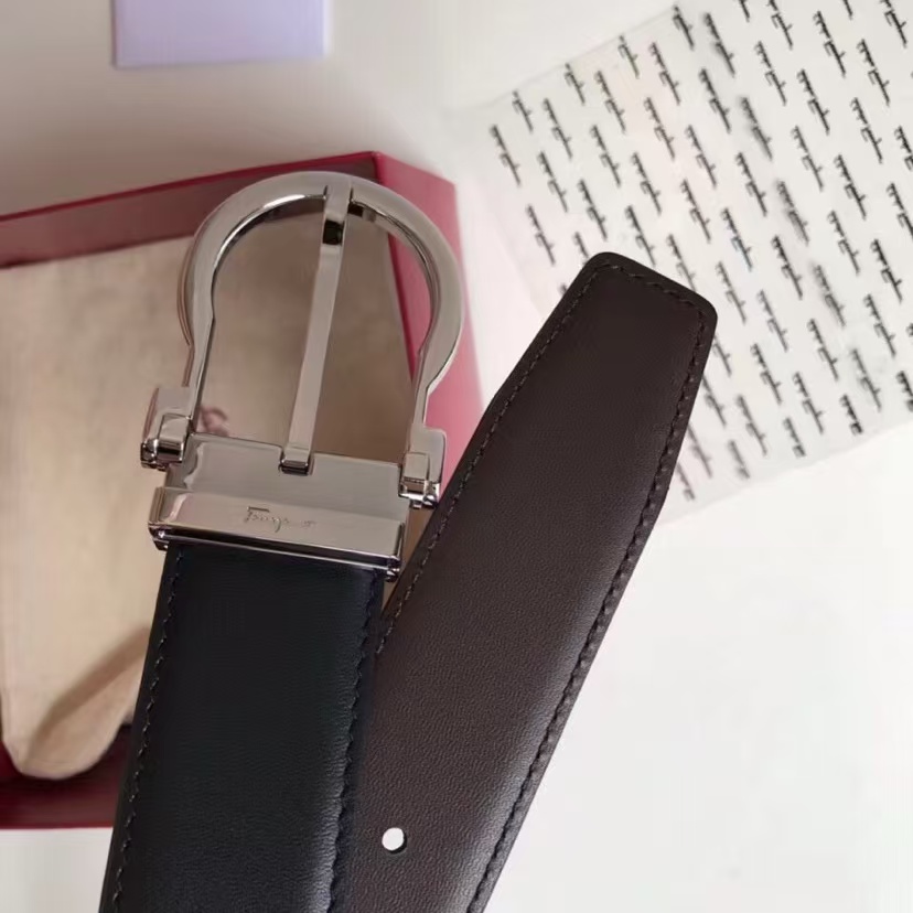 New Auth Salvatore Ferragamo Sardegna Men Pebbled Leather Belt Black