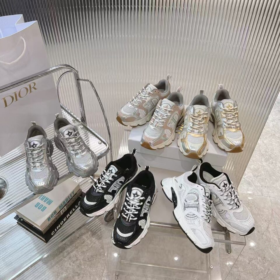 Dior Chrono Sneaker Gray Mesh with Silver-Tone Laminated Leather-Effect Panels