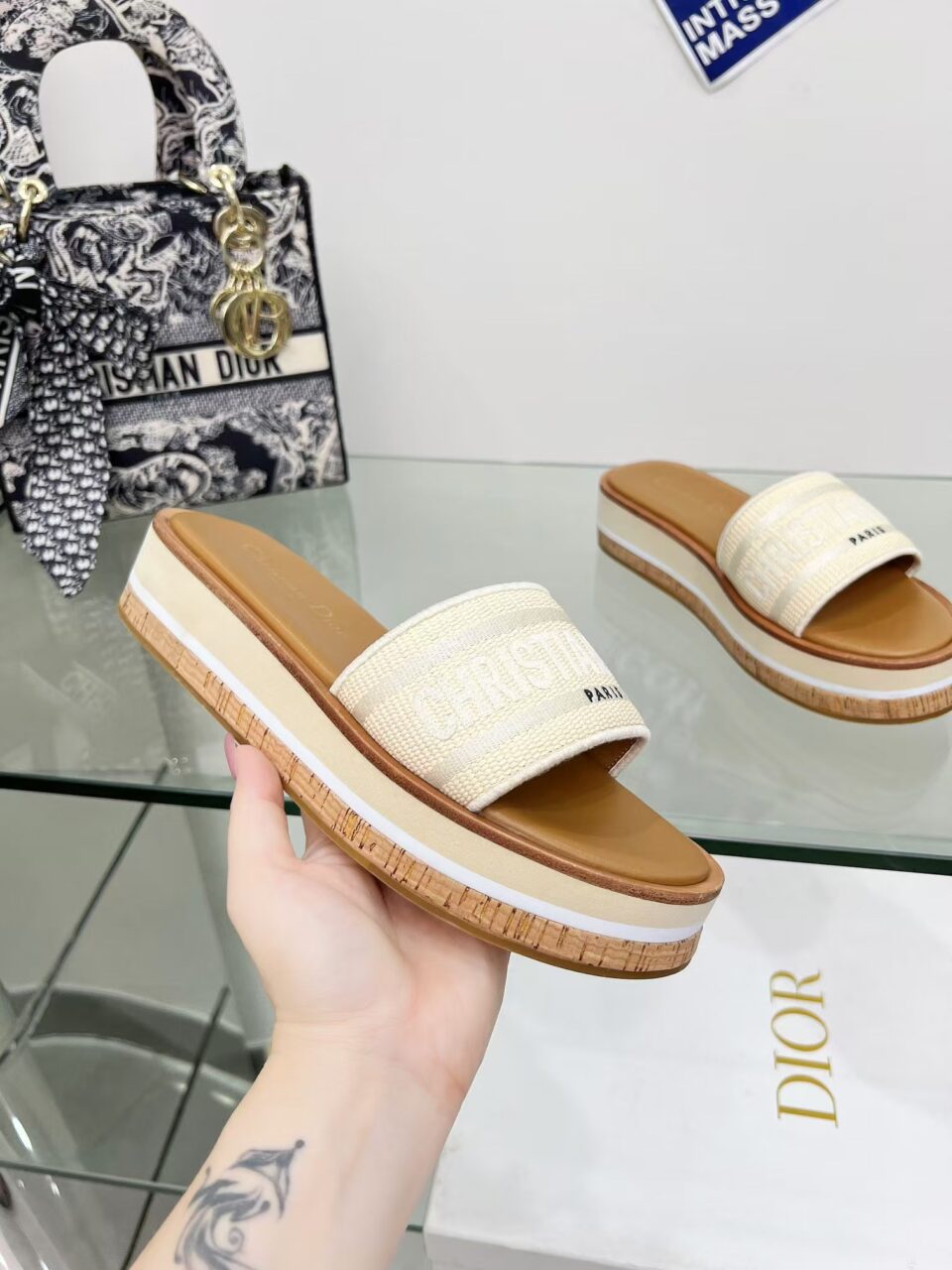 Dioriviera Dway Platform Slide Natural Raffia and White Embroidered Cotton