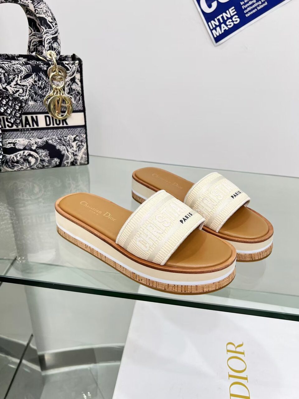 Dioriviera Dway Platform Slide Natural Raffia and White Embroidered Cotton