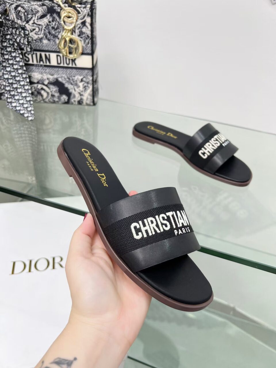 Dway Heeled Slide Black Cotton Embroidered with Metallic Thread and Silver-Tone Strass