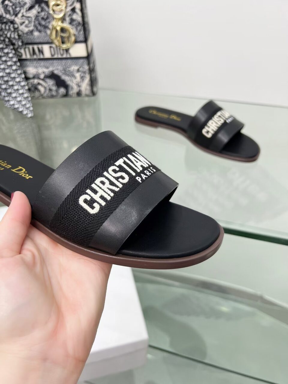 Dway Heeled Slide Black Cotton Embroidered with Metallic Thread and Silver-Tone Strass