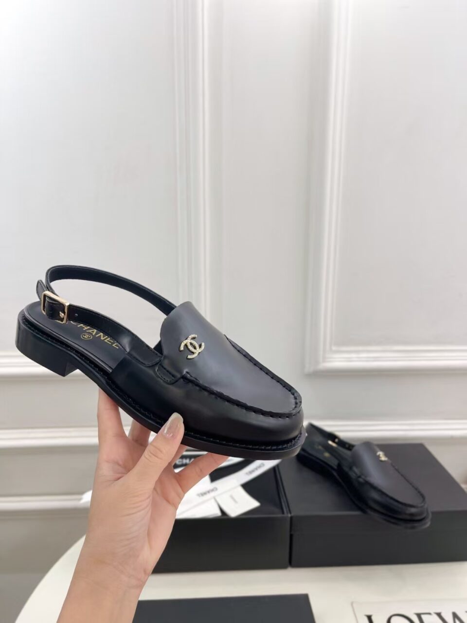 Chanel Diamante Slingback Loafers Black