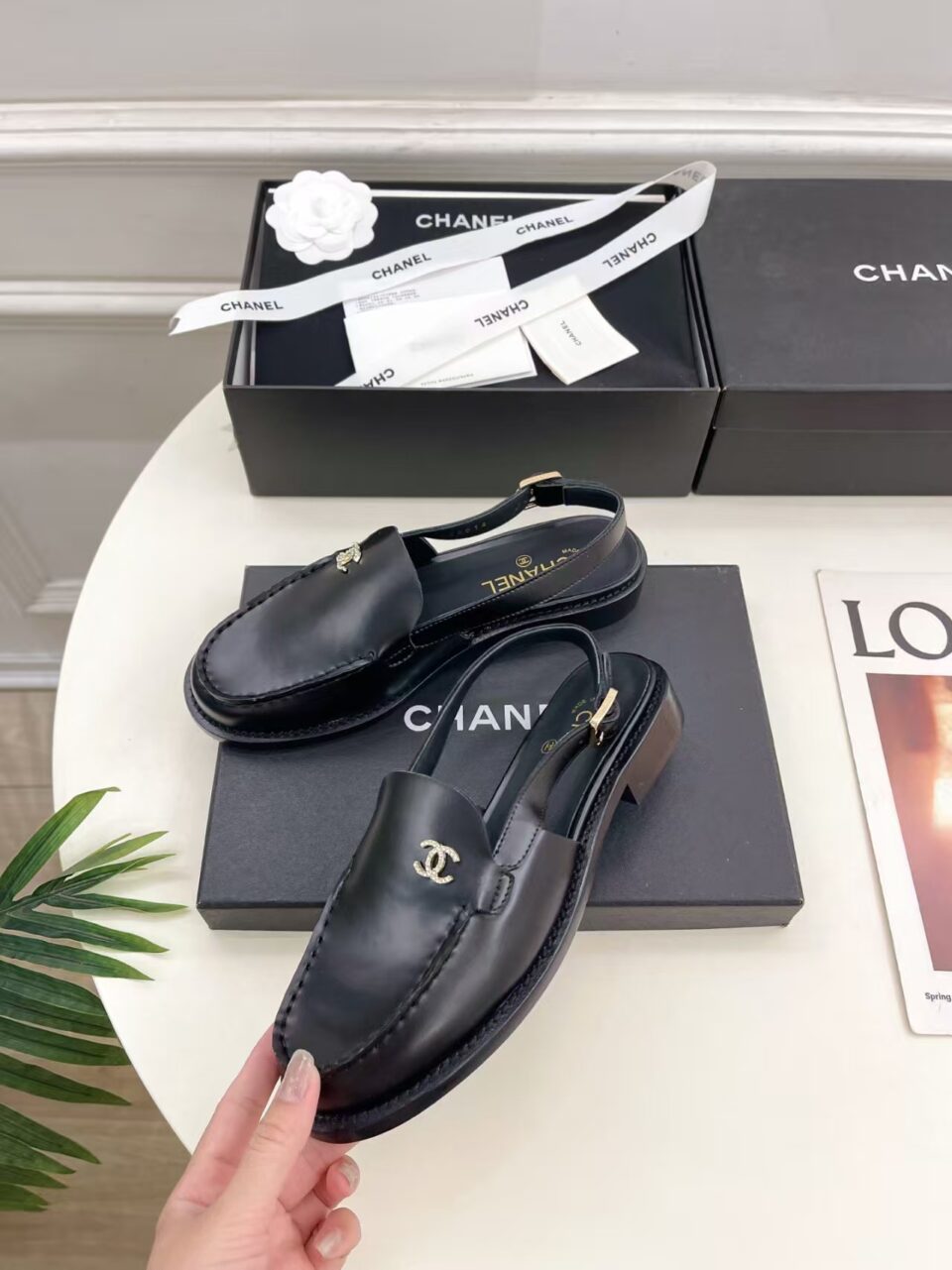 Chanel Diamante Slingback Loafers Black