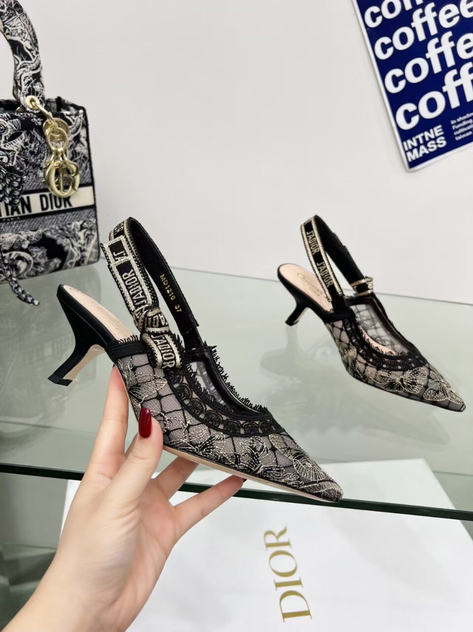 J’Adior Slingback Pump Transparent Mesh Embroidered with golden butterfly