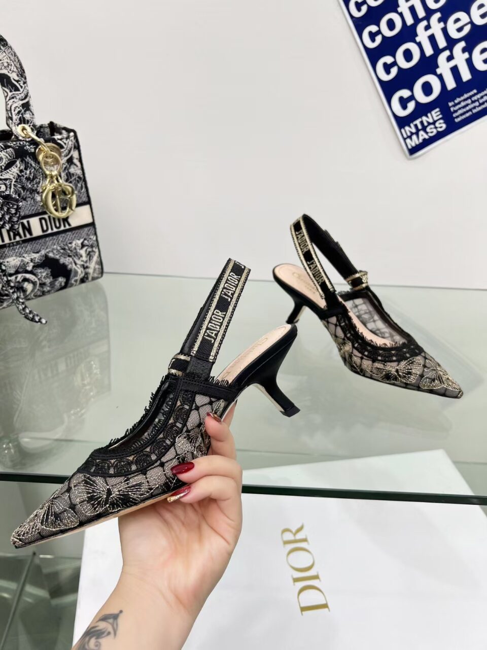 J’Adior Slingback Pump Transparent Mesh Embroidered with golden butterfly