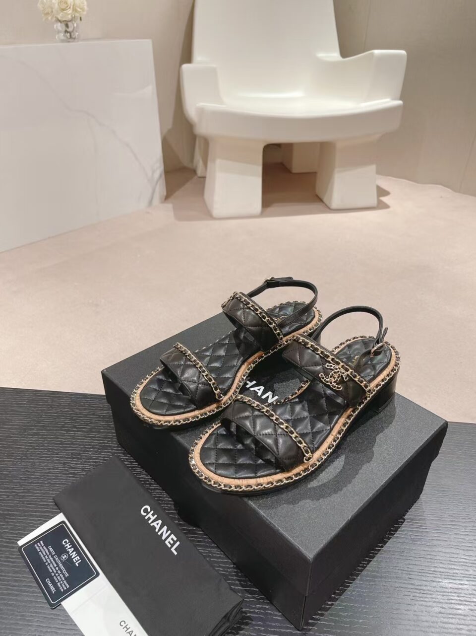Chanel Black Leather Chain Link CC Cork Sandals