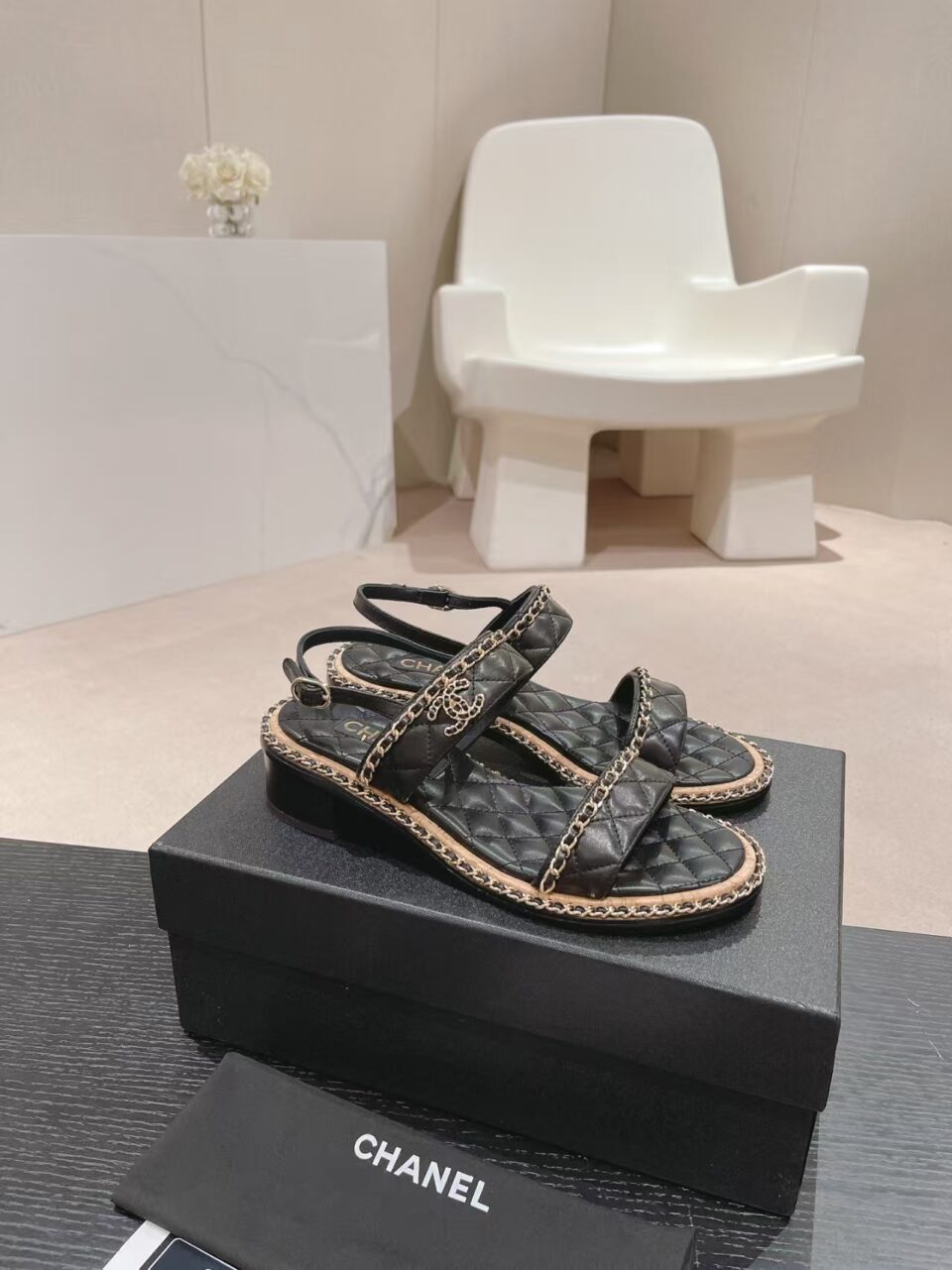Chanel Black Leather Chain Link CC Cork Sandals