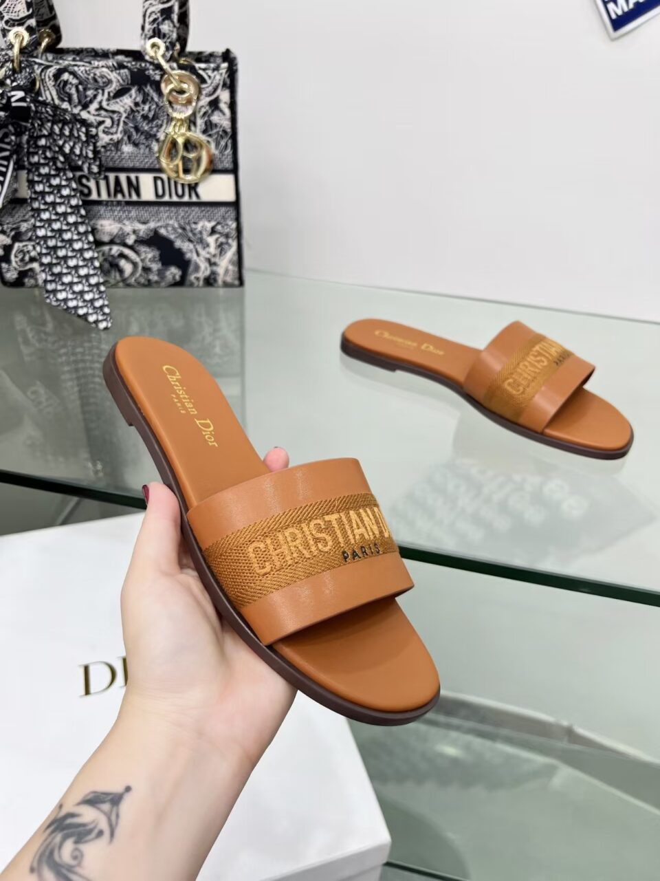 Dior Dway Slide Camel Calfskin and Embroidered Cotton