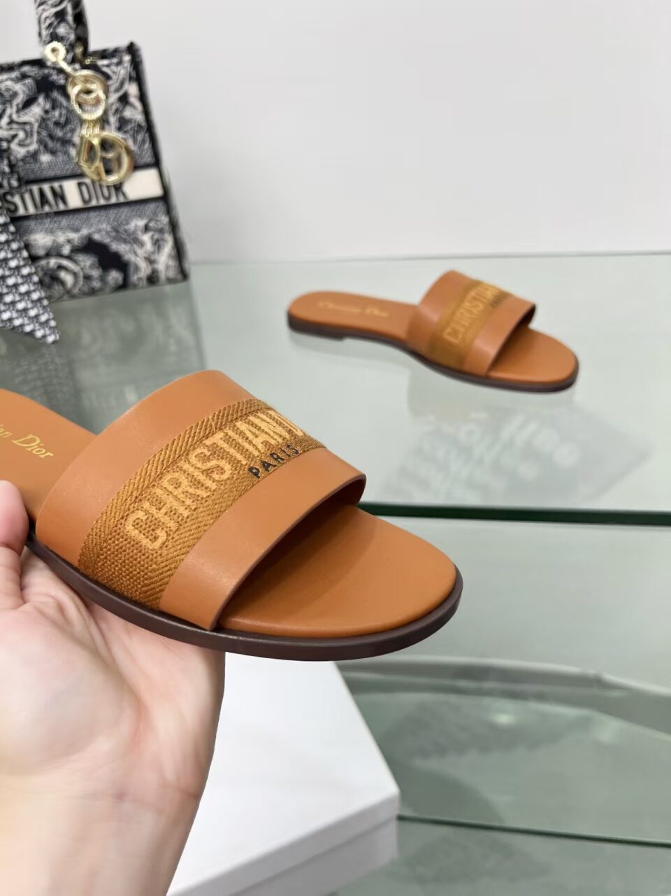 Dior Dway Slide Camel Calfskin and Embroidered Cotton