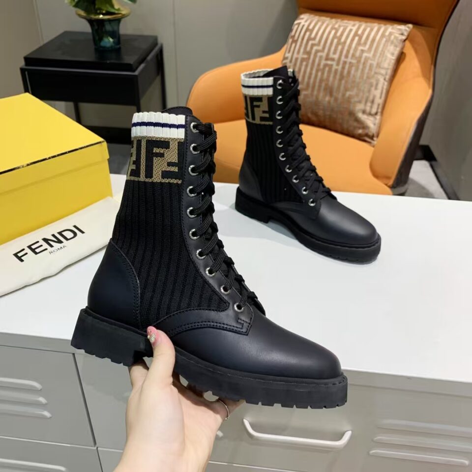 Fendi Women’s Black Tronchetto Knitted Combat Boots