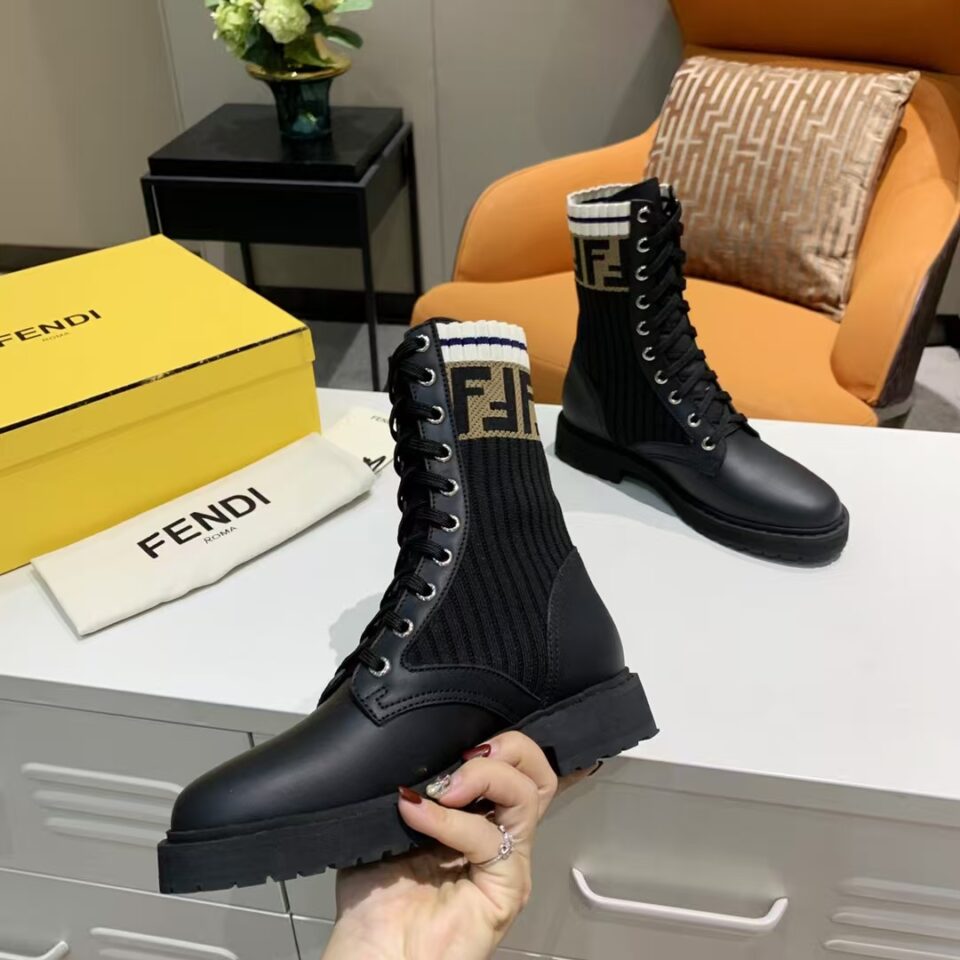 Fendi Women’s Black Tronchetto Knitted Combat Boots